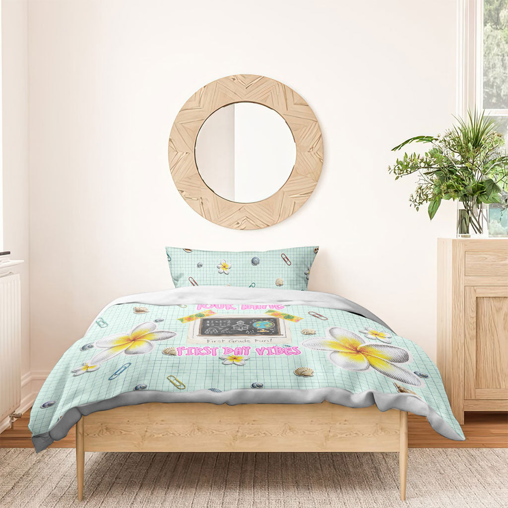 Personalized Hawaii Back To School Dolphin Bedding Set Grid Notebook Background With Dolphin Mascot And Plumeria Flowers TS04 - Polynesian Pride