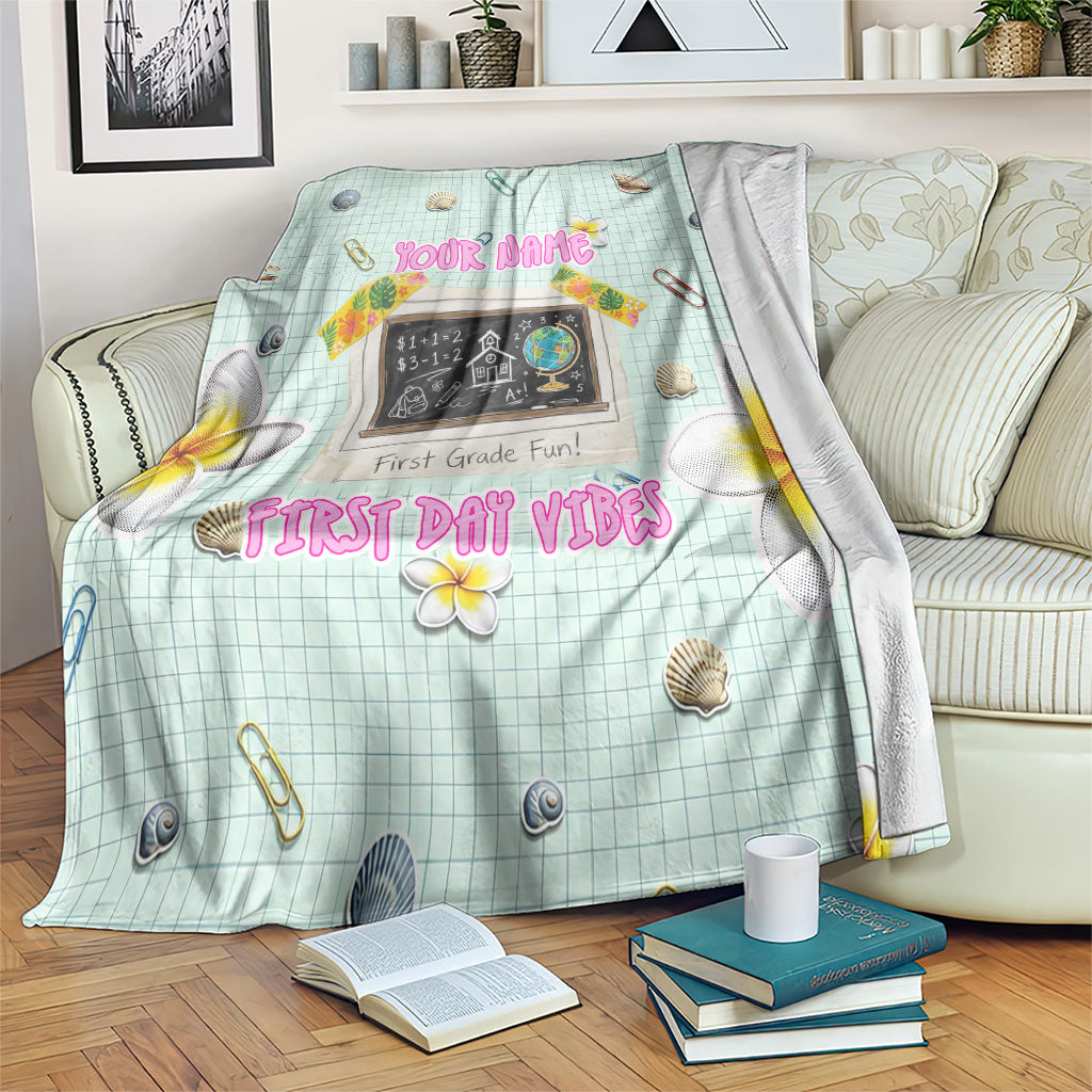 Personalized Hawaii Back To School Dolphin Blanket Grid Notebook Background With Dolphin Mascot And Plumeria Flowers TS04 Green White - Polynesian Pride