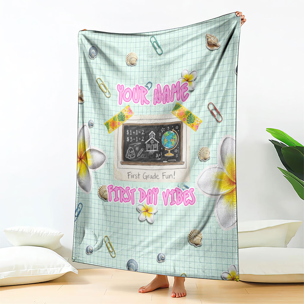 Personalized Hawaii Back To School Dolphin Blanket Grid Notebook Background With Dolphin Mascot And Plumeria Flowers TS04 - Polynesian Pride