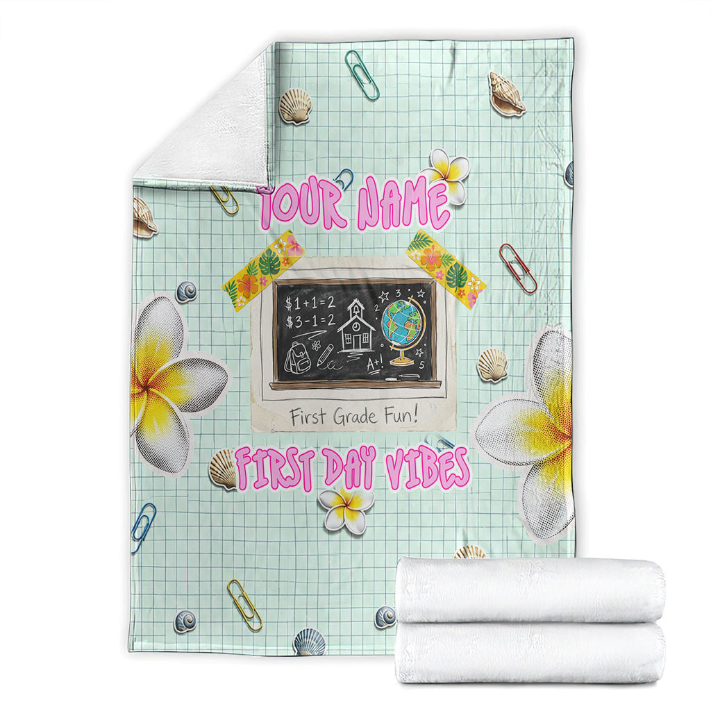 Personalized Hawaii Back To School Dolphin Blanket Grid Notebook Background With Dolphin Mascot And Plumeria Flowers TS04 - Polynesian Pride