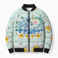 Personalized Hawaii Back To School Dolphin Bomber Puffer Jacket Grid Notebook Background With Dolphin Mascot And Plumeria Flowers TS04 Unisex Green White - Polynesian Pride