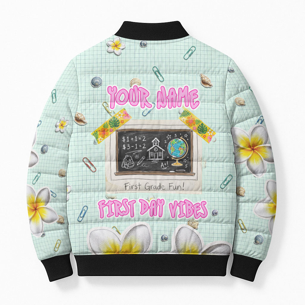 Personalized Hawaii Back To School Dolphin Bomber Puffer Jacket Grid Notebook Background With Dolphin Mascot And Plumeria Flowers TS04 - Polynesian Pride