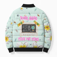 Personalized Hawaii Back To School Dolphin Bomber Puffer Jacket Grid Notebook Background With Dolphin Mascot And Plumeria Flowers TS04 - Polynesian Pride