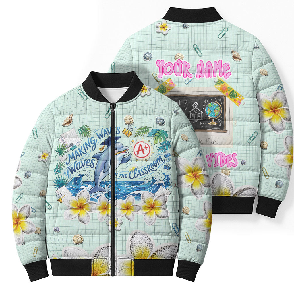 Personalized Hawaii Back To School Dolphin Bomber Puffer Jacket Grid Notebook Background With Dolphin Mascot And Plumeria Flowers TS04 - Polynesian Pride