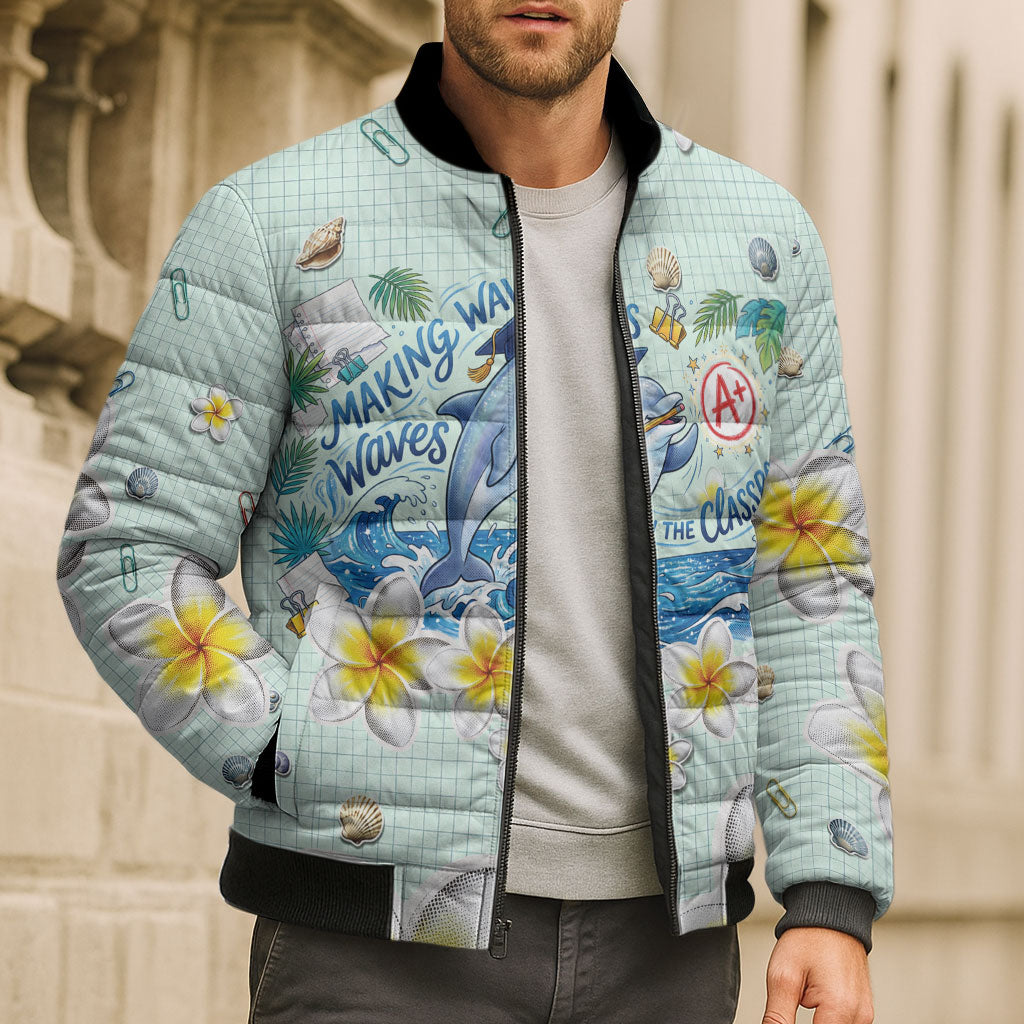 Personalized Hawaii Back To School Dolphin Bomber Puffer Jacket Grid Notebook Background With Dolphin Mascot And Plumeria Flowers TS04 - Polynesian Pride