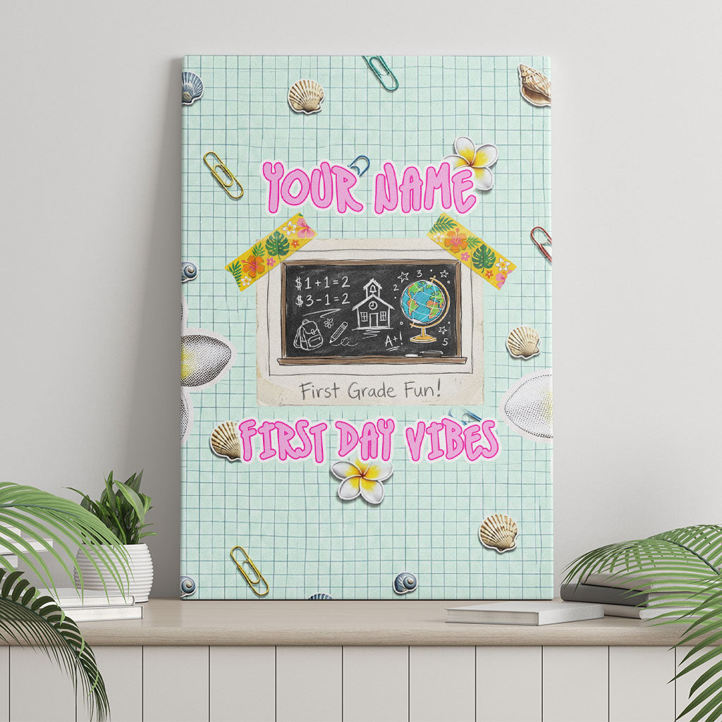 Personalized Hawaii Back To School Dolphin Canvas Wall Art Grid Notebook Background With Dolphin Mascot And Plumeria Flowers TS04 - Polynesian Pride