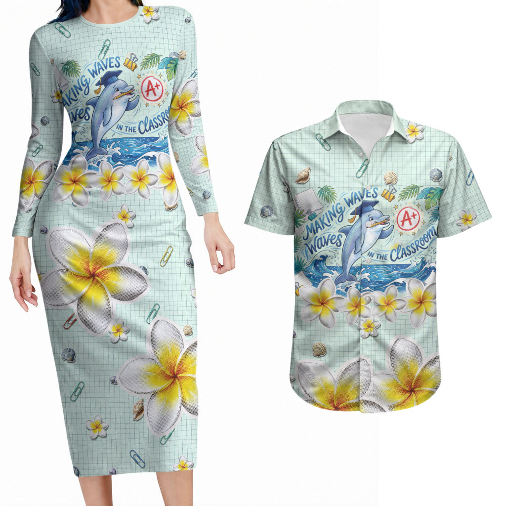 Personalized Hawaii Back To School Dolphin Couples Matching Long Sleeve Bodycon Dress and Hawaiian Shirt Grid Notebook Background With Dolphin Mascot And Plumeria Flowers TS04 Green White - Polynesian Pride