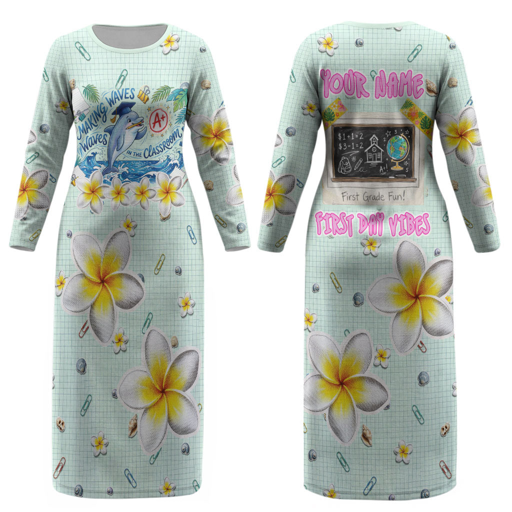 Personalized Hawaii Back To School Dolphin Couples Matching Long Sleeve Bodycon Dress and Hawaiian Shirt Grid Notebook Background With Dolphin Mascot And Plumeria Flowers TS04 - Polynesian Pride