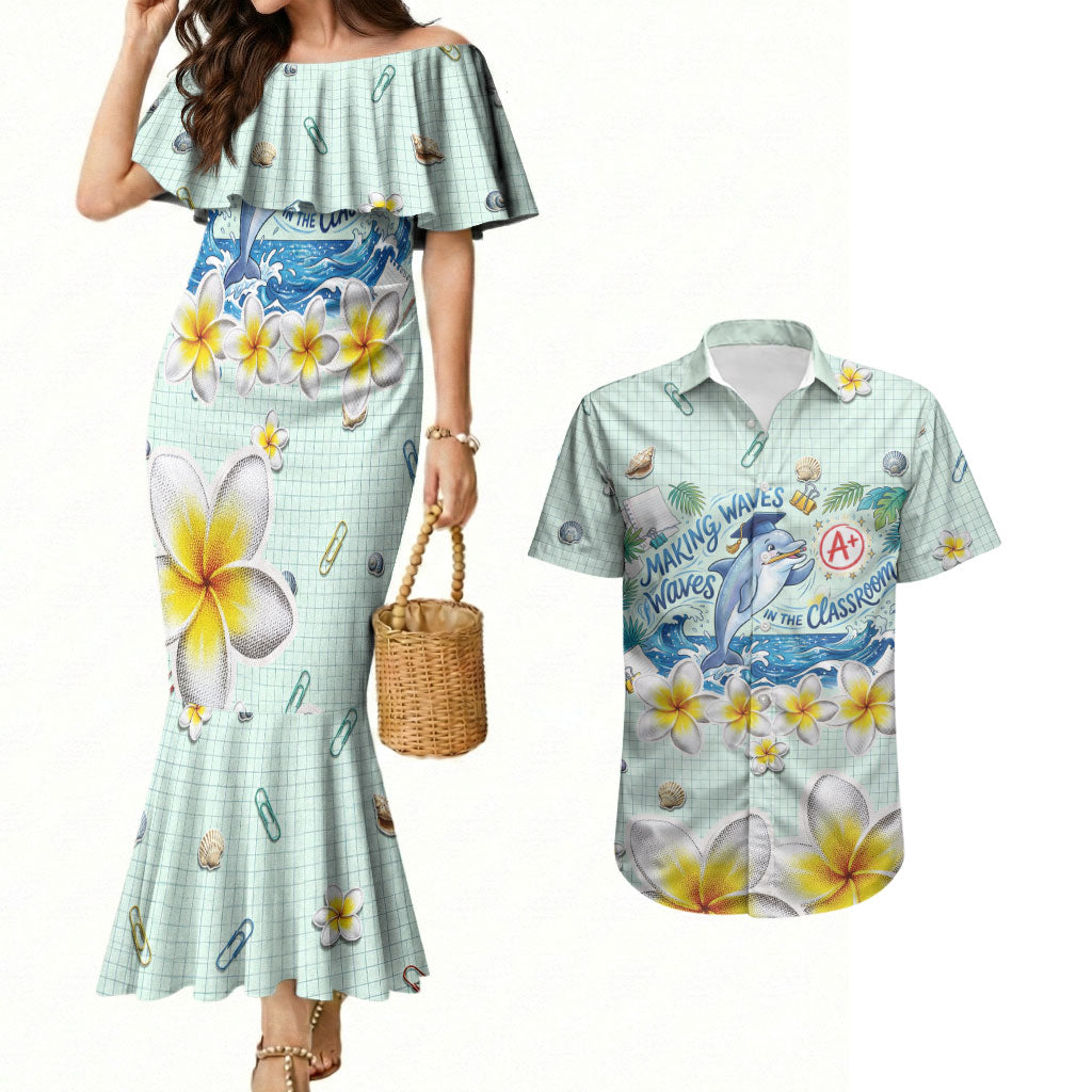 Personalized Hawaii Back To School Dolphin Couples Matching Mermaid Dress and Hawaiian Shirt Grid Notebook Background With Dolphin Mascot And Plumeria Flowers TS04 Green White - Polynesian Pride