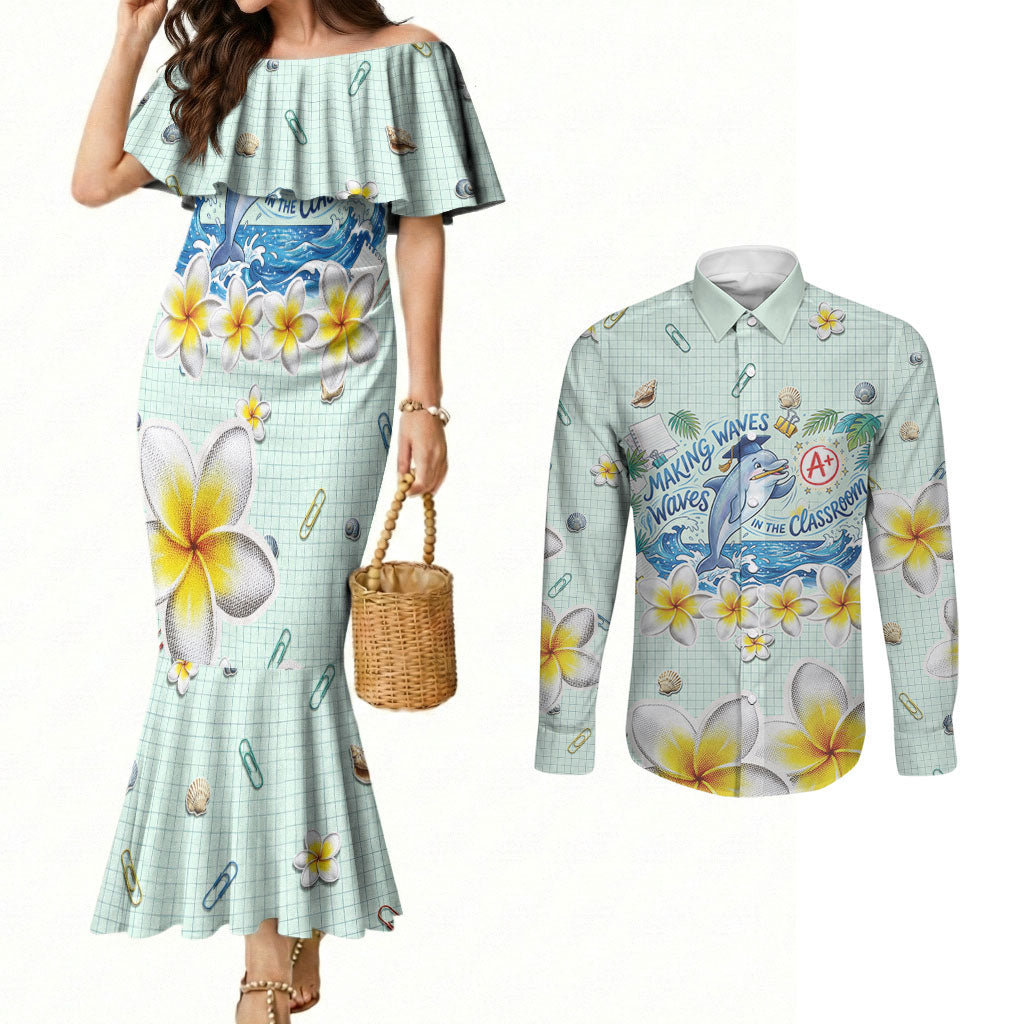 Personalized Hawaii Back To School Dolphin Couples Matching Mermaid Dress and Long Sleeve Button Shirt Grid Notebook Background With Dolphin Mascot And Plumeria Flowers TS04 Green White - Polynesian Pride