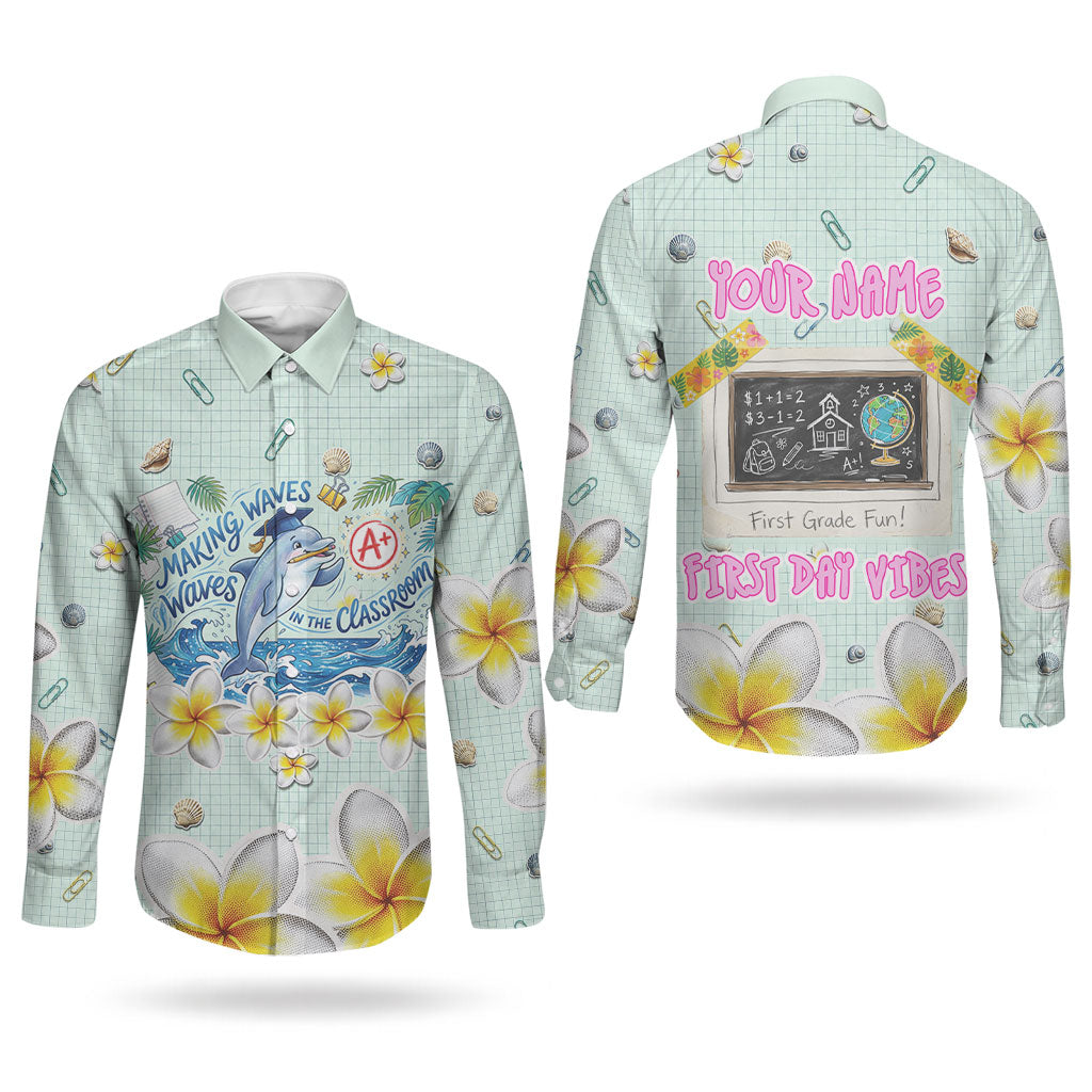 Personalized Hawaii Back To School Dolphin Couples Matching Mermaid Dress and Long Sleeve Button Shirt Grid Notebook Background With Dolphin Mascot And Plumeria Flowers TS04 - Polynesian Pride