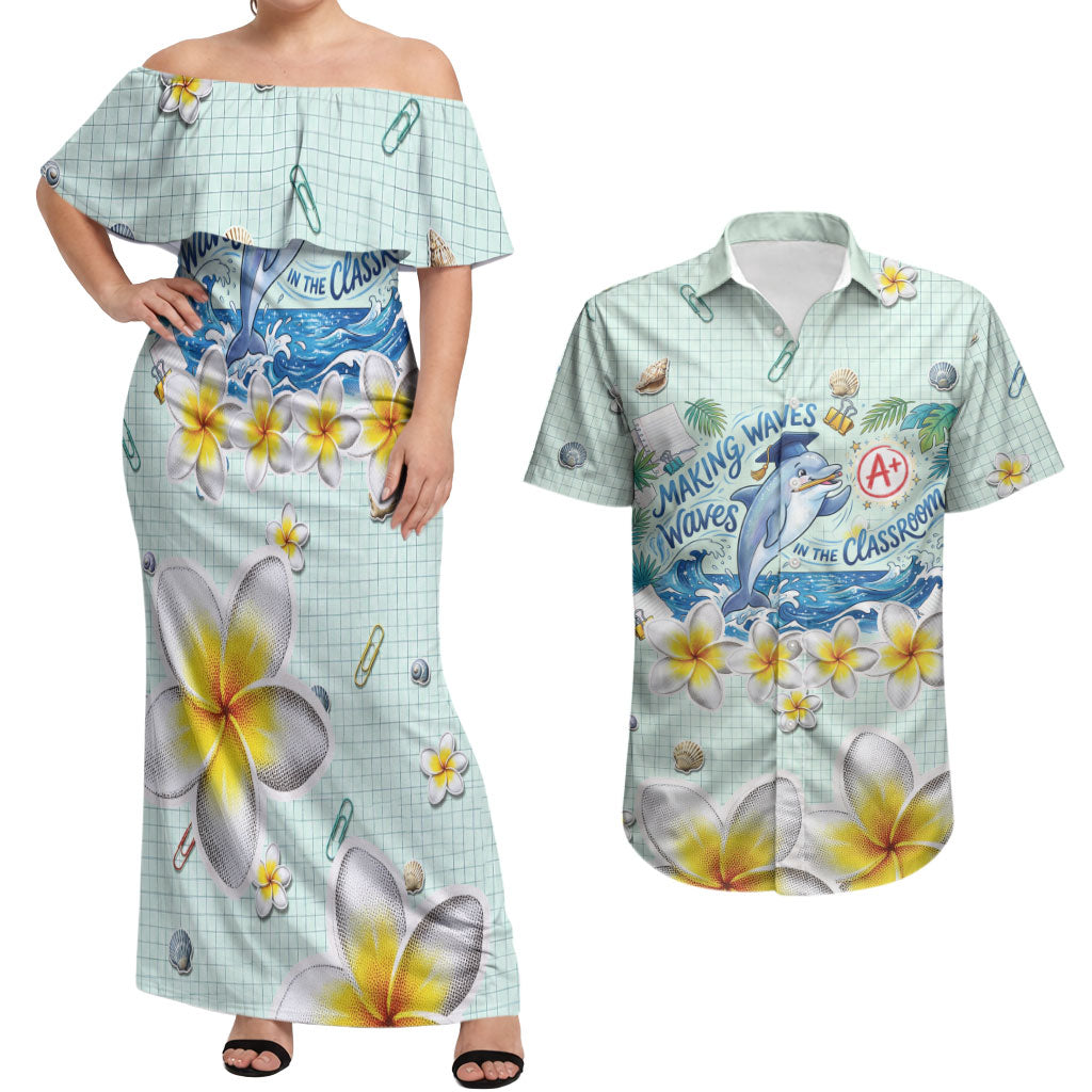 Personalized Hawaii Back To School Dolphin Couples Matching Off Shoulder Maxi Dress and Hawaiian Shirt Grid Notebook Background With Dolphin Mascot And Plumeria Flowers TS04 Green White - Polynesian Pride