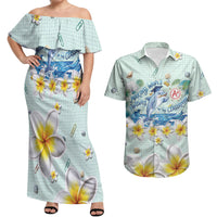Personalized Hawaii Back To School Dolphin Couples Matching Off Shoulder Maxi Dress and Hawaiian Shirt Grid Notebook Background With Dolphin Mascot And Plumeria Flowers TS04 Green White - Polynesian Pride