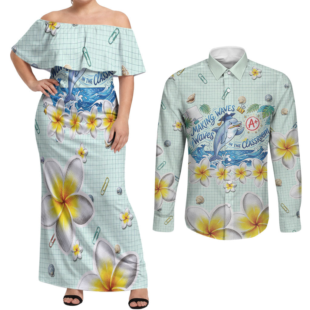 Personalized Hawaii Back To School Dolphin Couples Matching Off Shoulder Maxi Dress and Long Sleeve Button Shirt Grid Notebook Background With Dolphin Mascot And Plumeria Flowers TS04 Green White - Polynesian Pride