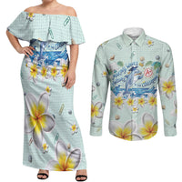 Personalized Hawaii Back To School Dolphin Couples Matching Off Shoulder Maxi Dress and Long Sleeve Button Shirt Grid Notebook Background With Dolphin Mascot And Plumeria Flowers TS04 Green White - Polynesian Pride