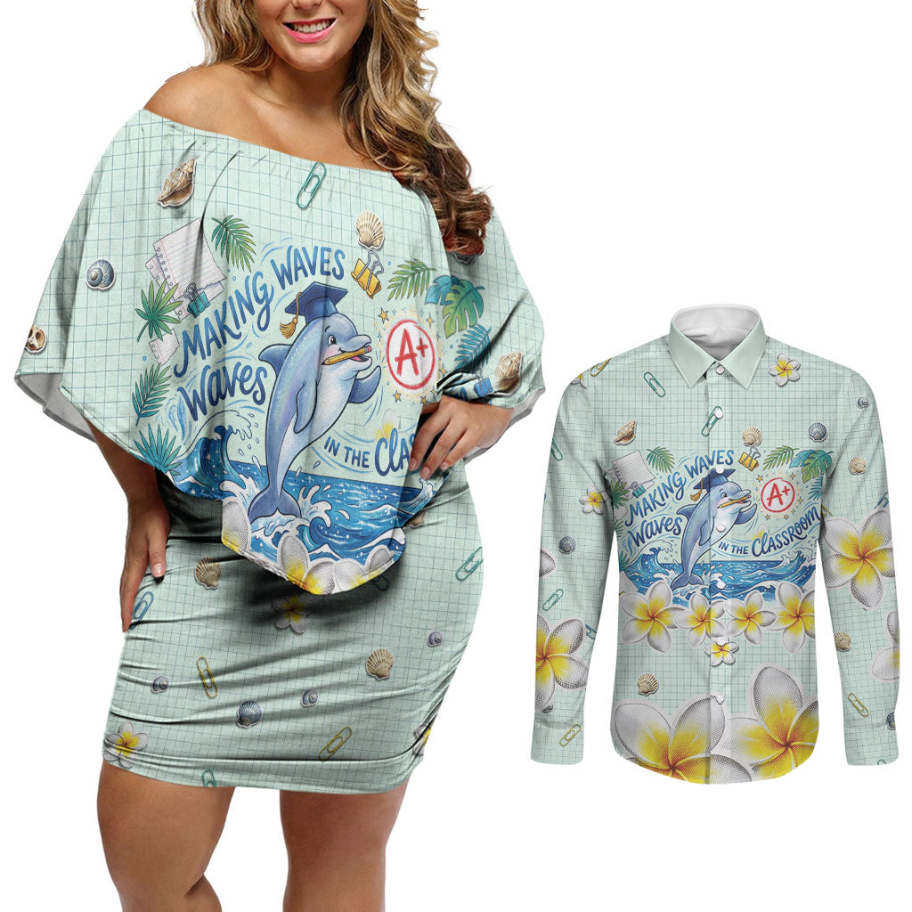 Personalized Hawaii Back To School Dolphin Couples Matching Off Shoulder Short Dress and Long Sleeve Button Shirt Grid Notebook Background With Dolphin Mascot And Plumeria Flowers TS04 Green White - Polynesian Pride