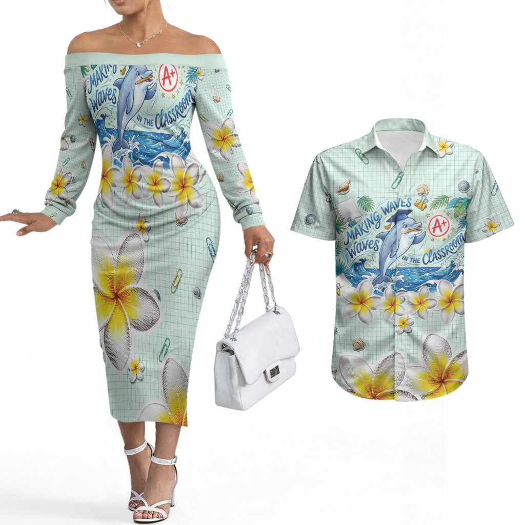 Personalized Hawaii Back To School Dolphin Couples Matching Off The Shoulder Long Sleeve Dress and Hawaiian Shirt Grid Notebook Background With Dolphin Mascot And Plumeria Flowers TS04 Green White - Polynesian Pride