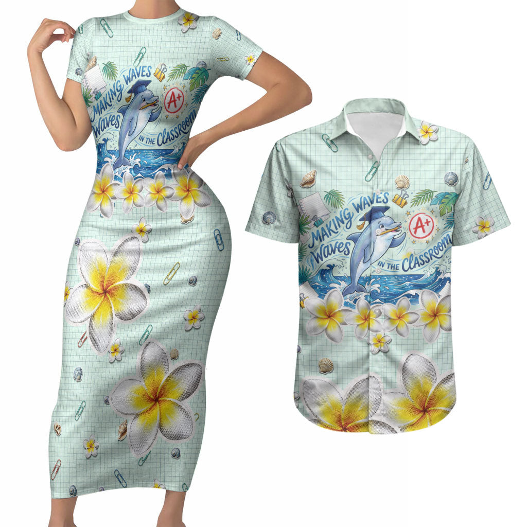 Personalized Hawaii Back To School Dolphin Couples Matching Short Sleeve Bodycon Dress and Hawaiian Shirt Grid Notebook Background With Dolphin Mascot And Plumeria Flowers TS04 Green White - Polynesian Pride