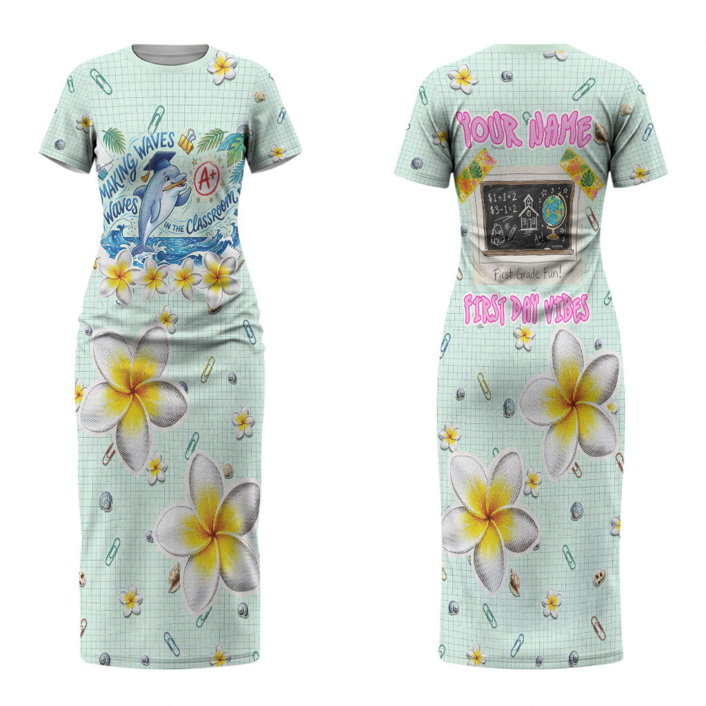 Personalized Hawaii Back To School Dolphin Couples Matching Short Sleeve Bodycon Dress and Hawaiian Shirt Grid Notebook Background With Dolphin Mascot And Plumeria Flowers TS04 - Polynesian Pride