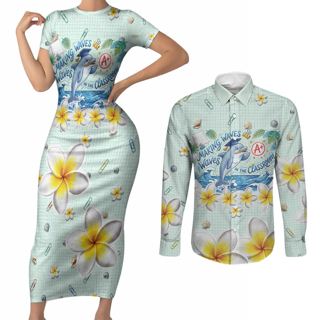 Personalized Hawaii Back To School Dolphin Couples Matching Short Sleeve Bodycon Dress and Long Sleeve Button Shirt Grid Notebook Background With Dolphin Mascot And Plumeria Flowers TS04 Green White - Polynesian Pride