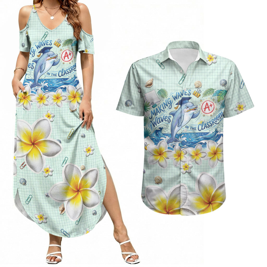 Personalized Hawaii Back To School Dolphin Couples Matching Summer Maxi Dress and Hawaiian Shirt Grid Notebook Background With Dolphin Mascot And Plumeria Flowers TS04 Green White - Polynesian Pride