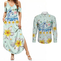 Personalized Hawaii Back To School Dolphin Couples Matching Summer Maxi Dress and Long Sleeve Button Shirt Grid Notebook Background With Dolphin Mascot And Plumeria Flowers TS04 Green White - Polynesian Pride