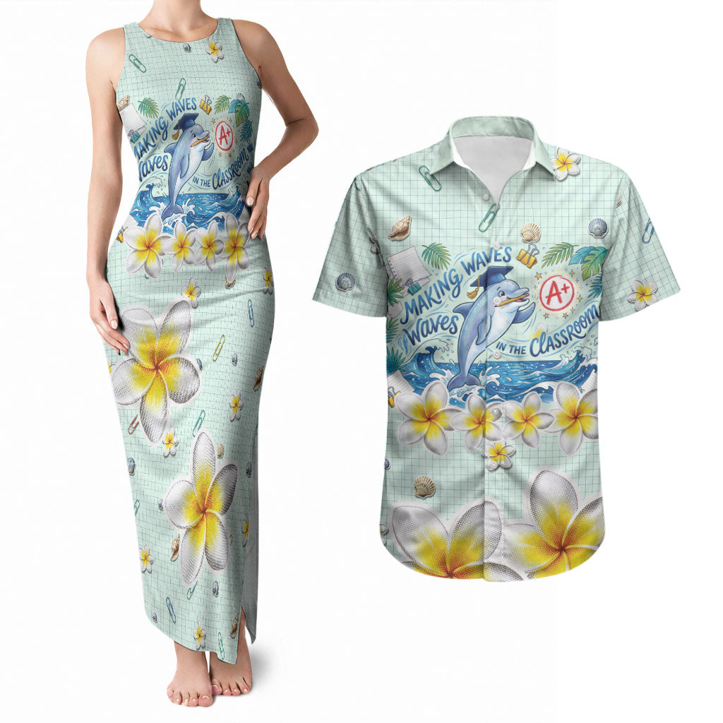 Personalized Hawaii Back To School Dolphin Couples Matching Tank Maxi Dress and Hawaiian Shirt Grid Notebook Background With Dolphin Mascot And Plumeria Flowers TS04 Green White - Polynesian Pride