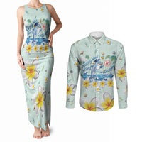 Personalized Hawaii Back To School Dolphin Couples Matching Tank Maxi Dress and Long Sleeve Button Shirt Grid Notebook Background With Dolphin Mascot And Plumeria Flowers TS04 Green White - Polynesian Pride