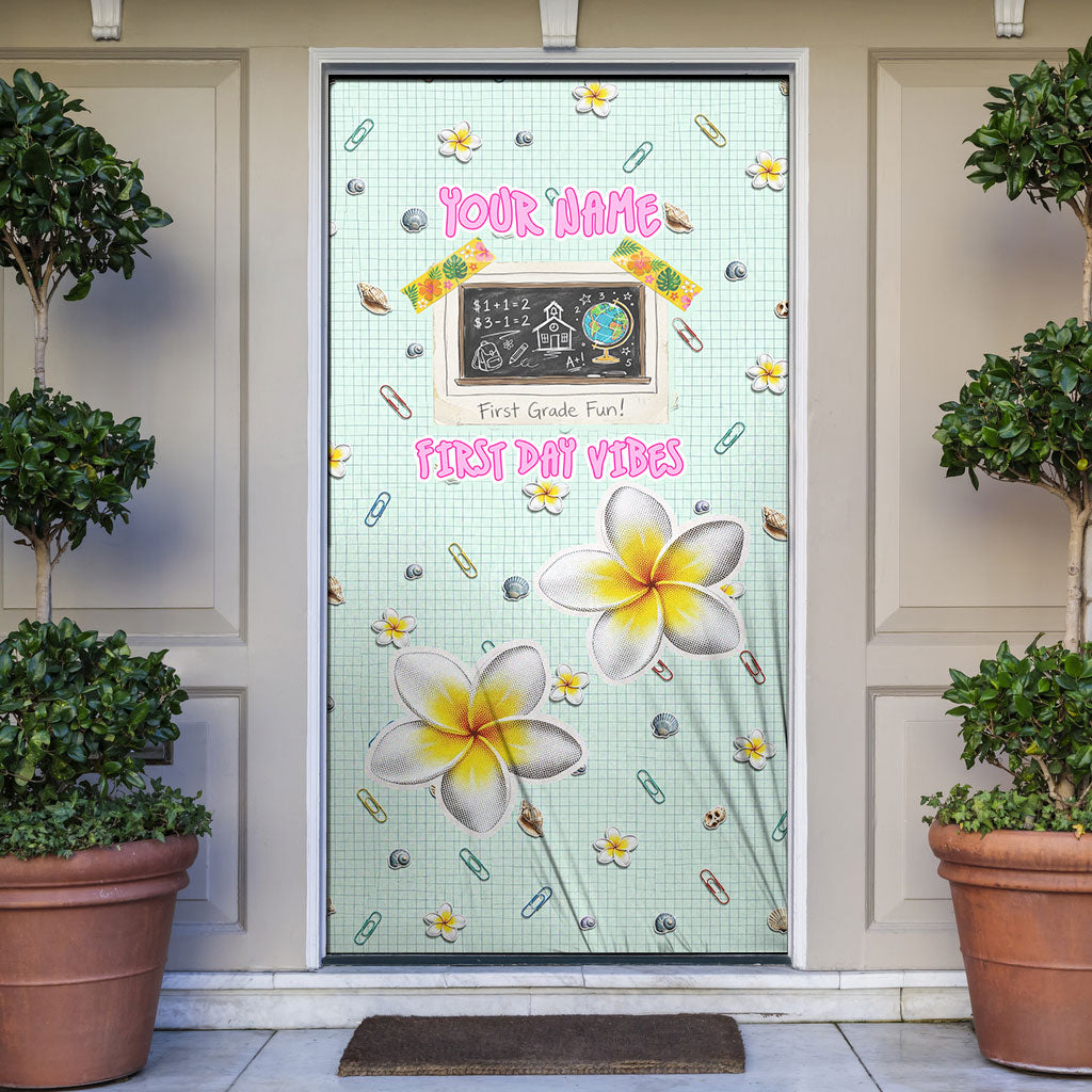Personalized Hawaii Back To School Dolphin Door Cover Grid Notebook Background With Dolphin Mascot And Plumeria Flowers TS04 Green White - Polynesian Pride