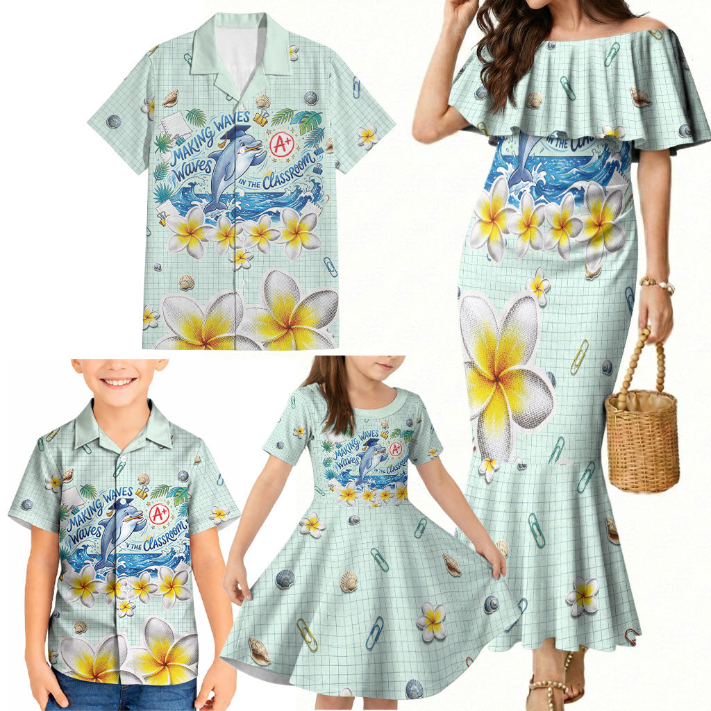Personalized Hawaii Back To School Dolphin Family Matching Mermaid Dress and Hawaiian Shirt Grid Notebook Background With Dolphin Mascot And Plumeria Flowers TS04 - Polynesian Pride