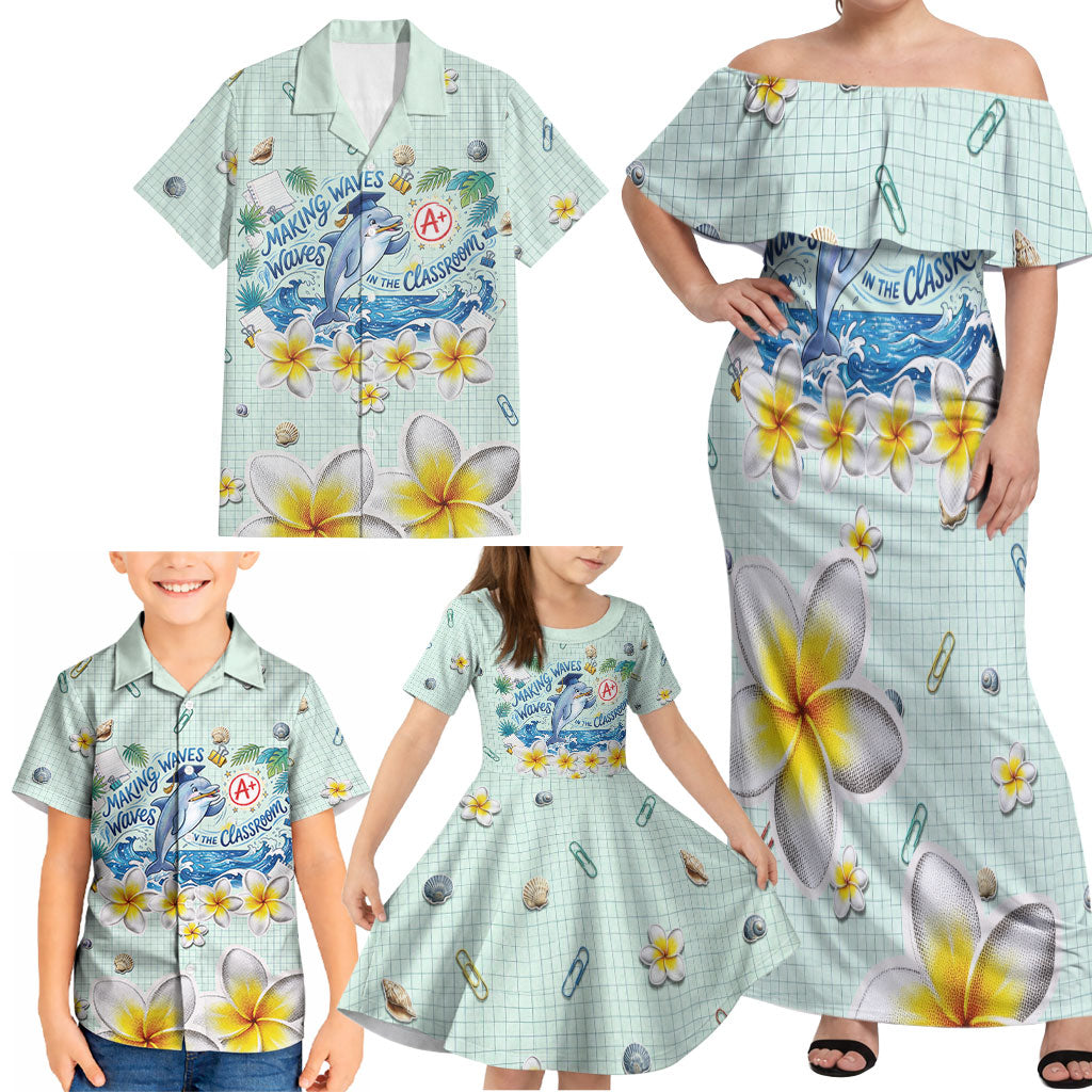 Personalized Hawaii Back To School Dolphin Family Matching Off Shoulder Maxi Dress and Hawaiian Shirt Grid Notebook Background With Dolphin Mascot And Plumeria Flowers TS04 - Polynesian Pride