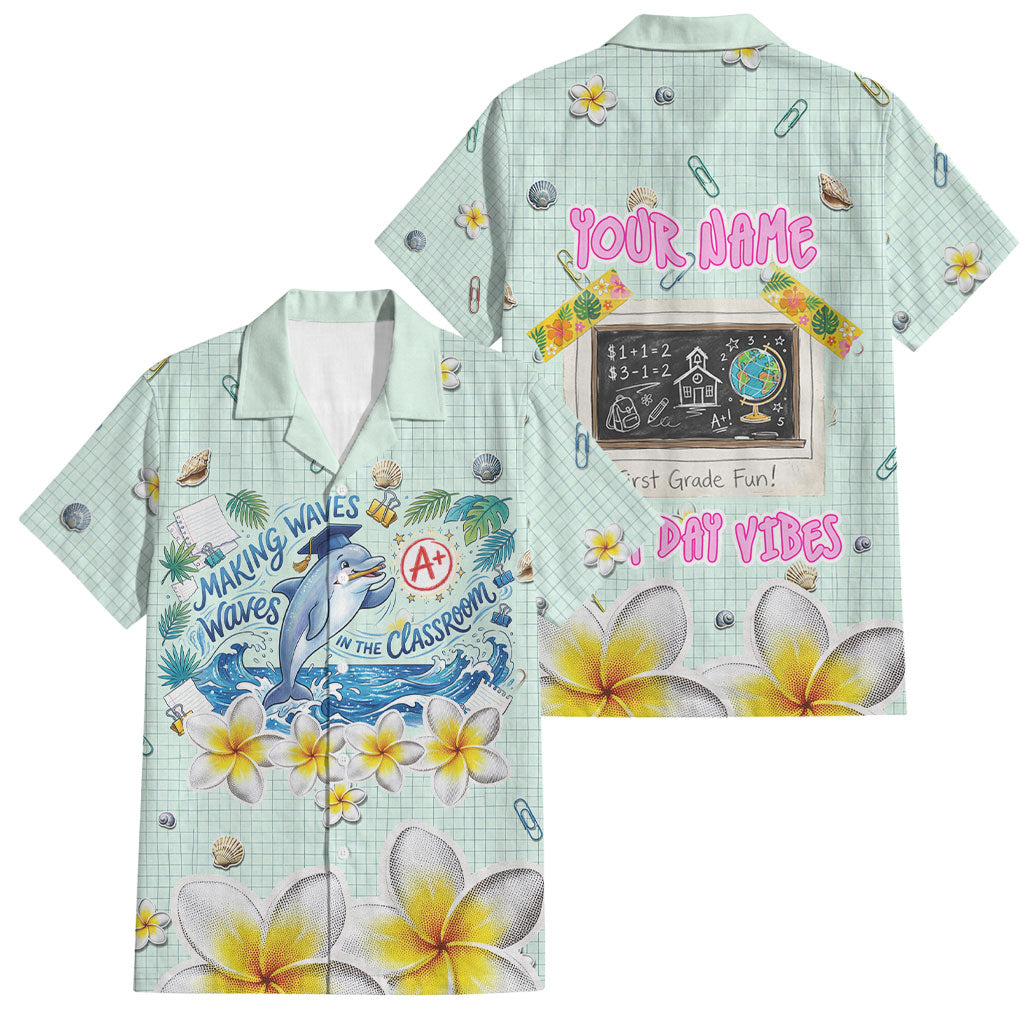 Personalized Hawaii Back To School Dolphin Family Matching Off Shoulder Maxi Dress and Hawaiian Shirt Grid Notebook Background With Dolphin Mascot And Plumeria Flowers TS04 Dad's Shirt - Short Sleeve Green White - Polynesian Pride