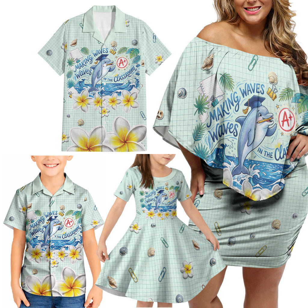 Personalized Hawaii Back To School Dolphin Family Matching Off Shoulder Short Dress and Hawaiian Shirt Grid Notebook Background With Dolphin Mascot And Plumeria Flowers TS04 - Polynesian Pride