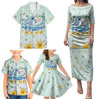 Personalized Hawaii Back To School Dolphin Family Matching Puletasi and Hawaiian Shirt Grid Notebook Background With Dolphin Mascot And Plumeria Flowers TS04 - Polynesian Pride