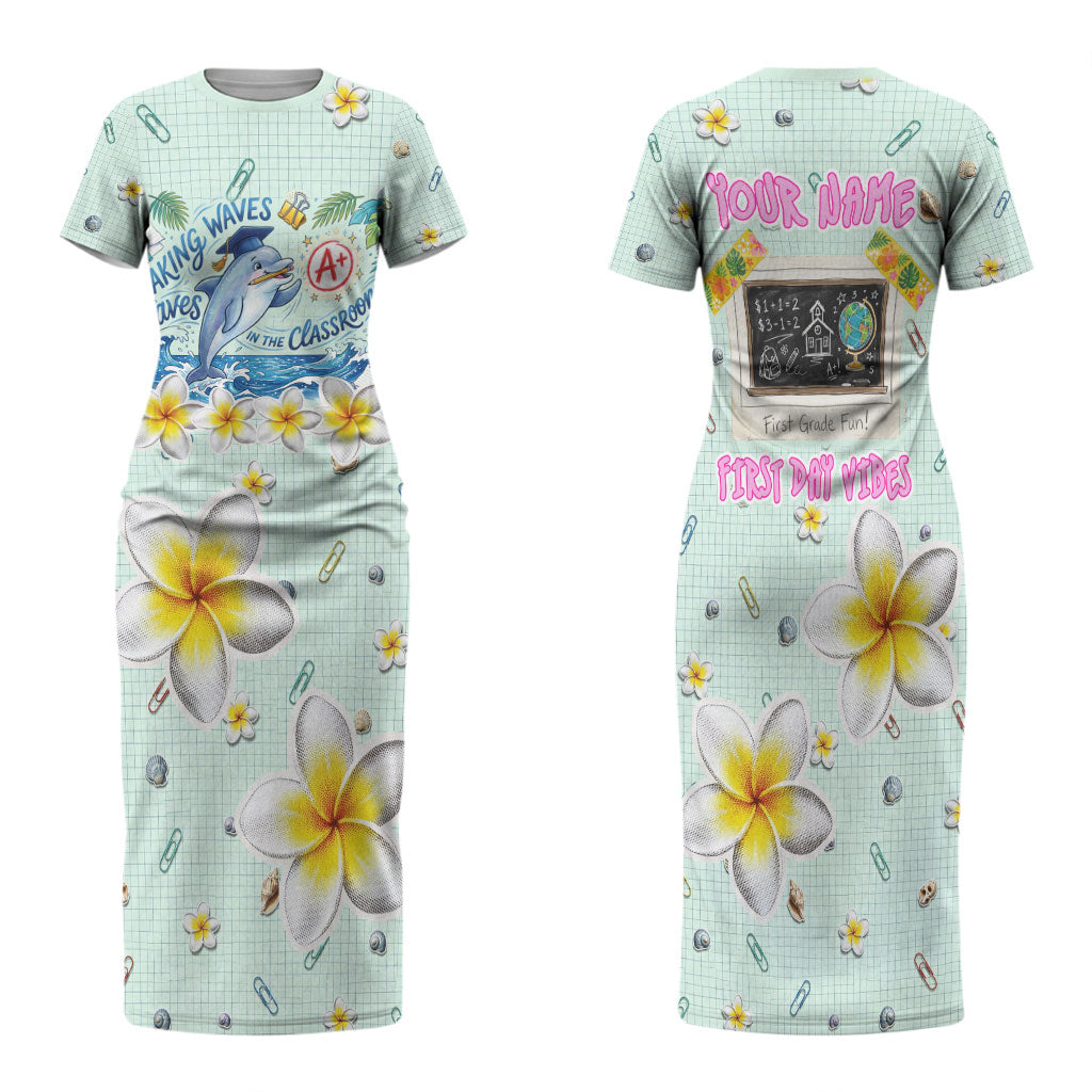 Personalized Hawaii Back To School Dolphin Family Matching Short Sleeve Bodycon Dress and Hawaiian Shirt Grid Notebook Background With Dolphin Mascot And Plumeria Flowers TS04 Mom's Dress Green White - Polynesian Pride