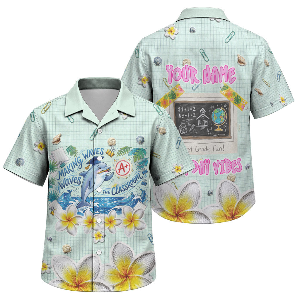 Personalized Hawaii Back To School Dolphin Family Matching Short Sleeve Bodycon Dress and Hawaiian Shirt Grid Notebook Background With Dolphin Mascot And Plumeria Flowers TS04 Son's Shirt Green White - Polynesian Pride