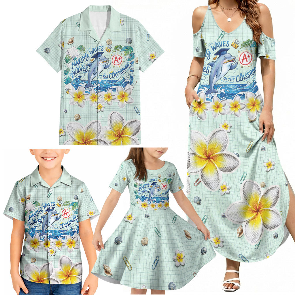 Personalized Hawaii Back To School Dolphin Family Matching Summer Maxi Dress and Hawaiian Shirt Grid Notebook Background With Dolphin Mascot And Plumeria Flowers TS04 - Polynesian Pride