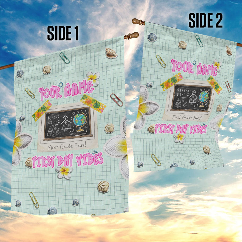 Personalized Hawaii Back To School Dolphin Garden Flag Grid Notebook Background With Dolphin Mascot And Plumeria Flowers TS04 - Polynesian Pride