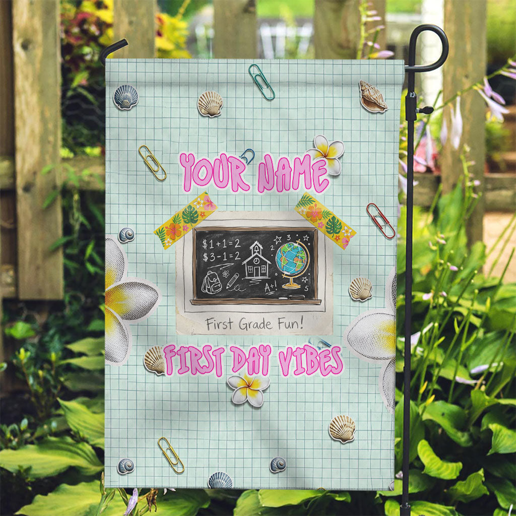 Personalized Hawaii Back To School Dolphin Garden Flag Grid Notebook Background With Dolphin Mascot And Plumeria Flowers TS04 Garden Flag Green White - Polynesian Pride