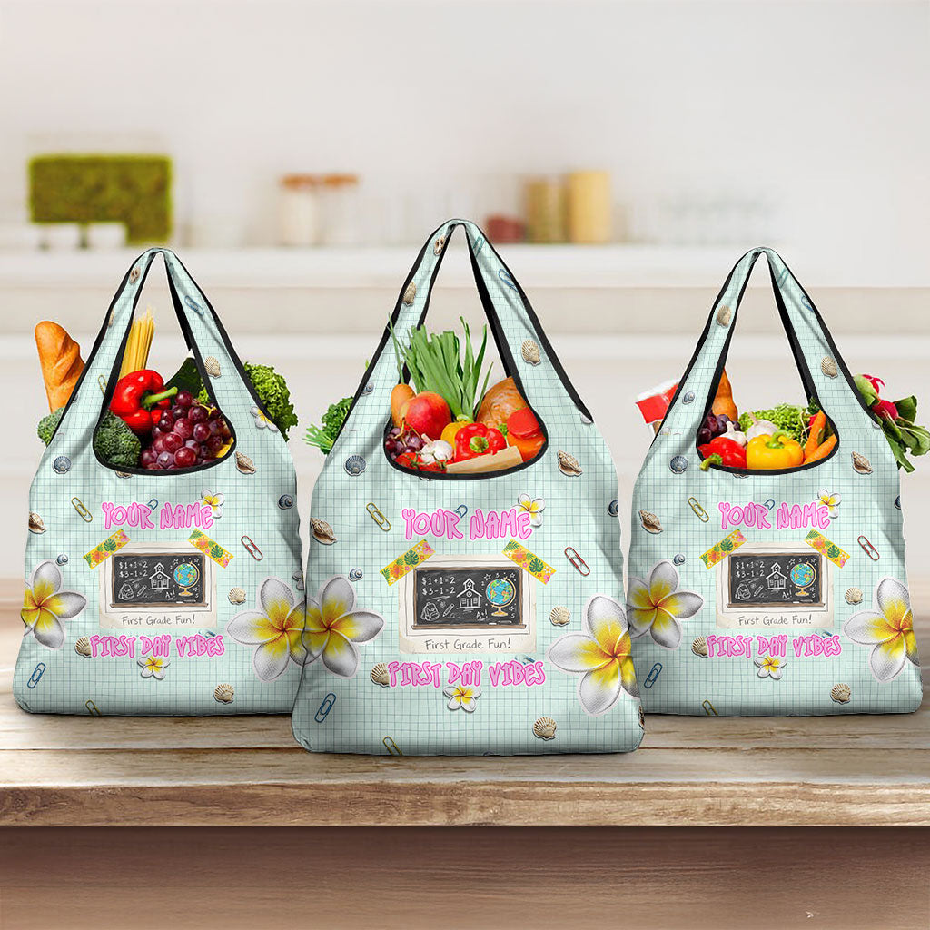 Personalized Hawaii Back To School Dolphin Grocery Bag Grid Notebook Background With Dolphin Mascot And Plumeria Flowers TS04 3-pack One Size Green White - Polynesian Pride
