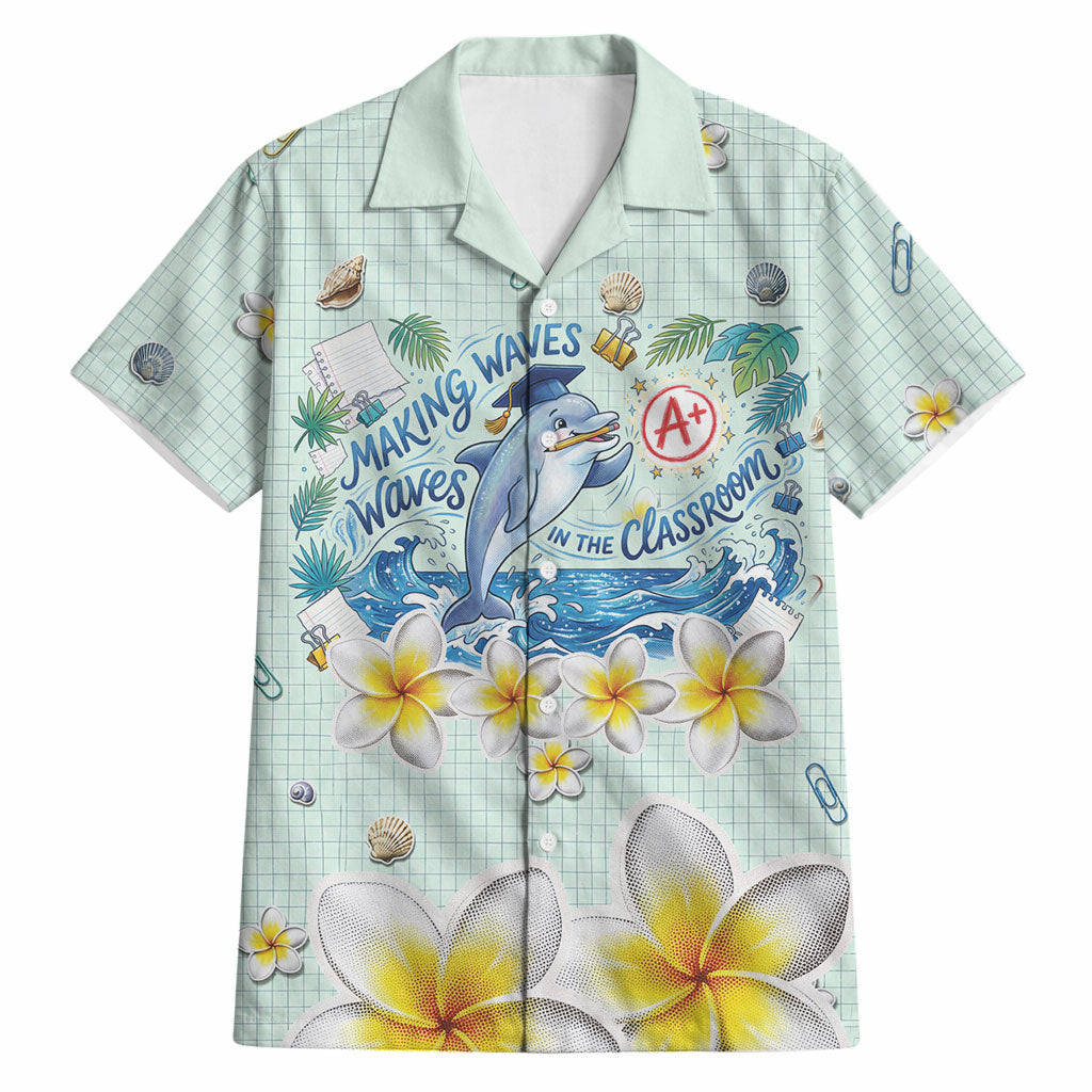Personalized Hawaii Back To School Dolphin Hawaiian Shirt Grid Notebook Background With Dolphin Mascot And Plumeria Flowers TS04 Green White - Polynesian Pride