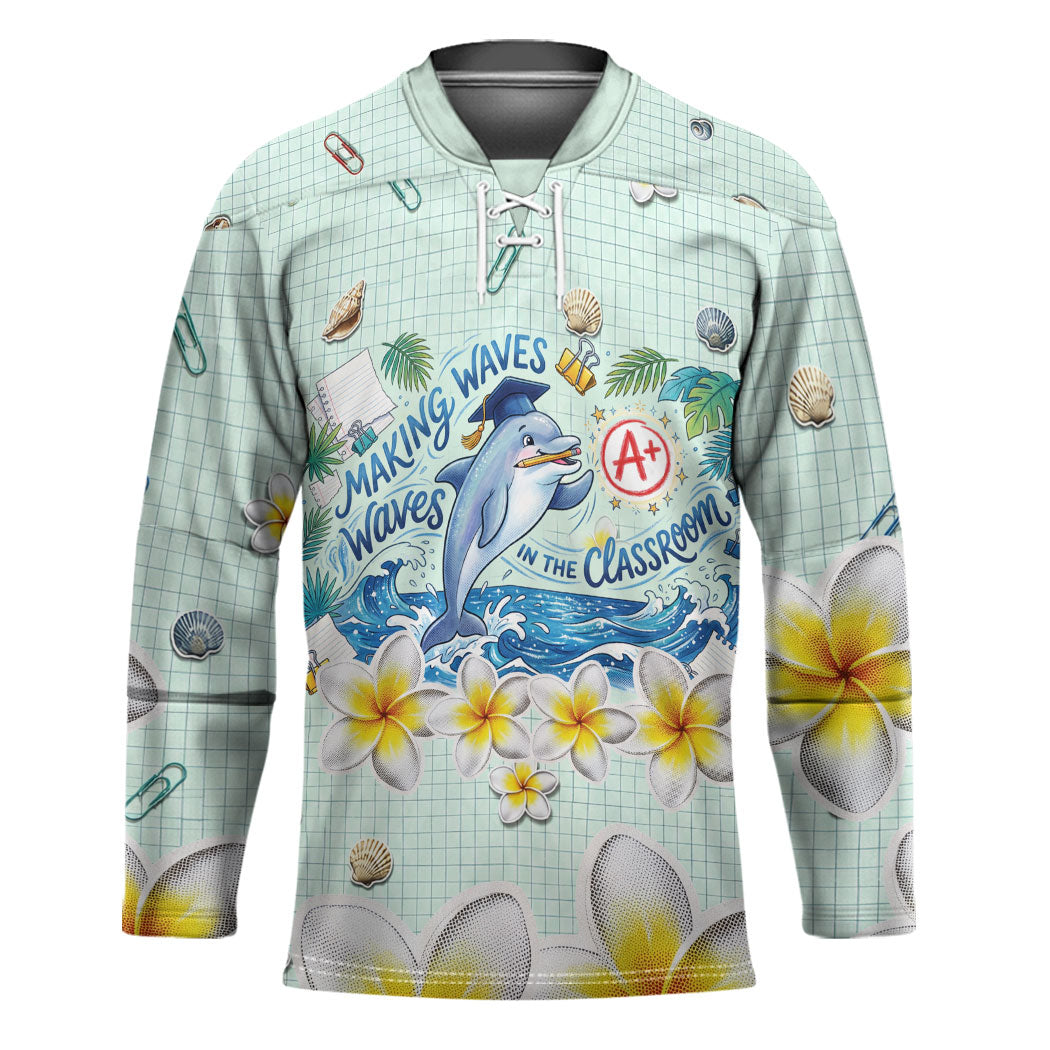 Personalized Hawaii Back To School Dolphin Hockey Jersey Grid Notebook Background With Dolphin Mascot And Plumeria Flowers TS04 Unisex Green White - Polynesian Pride