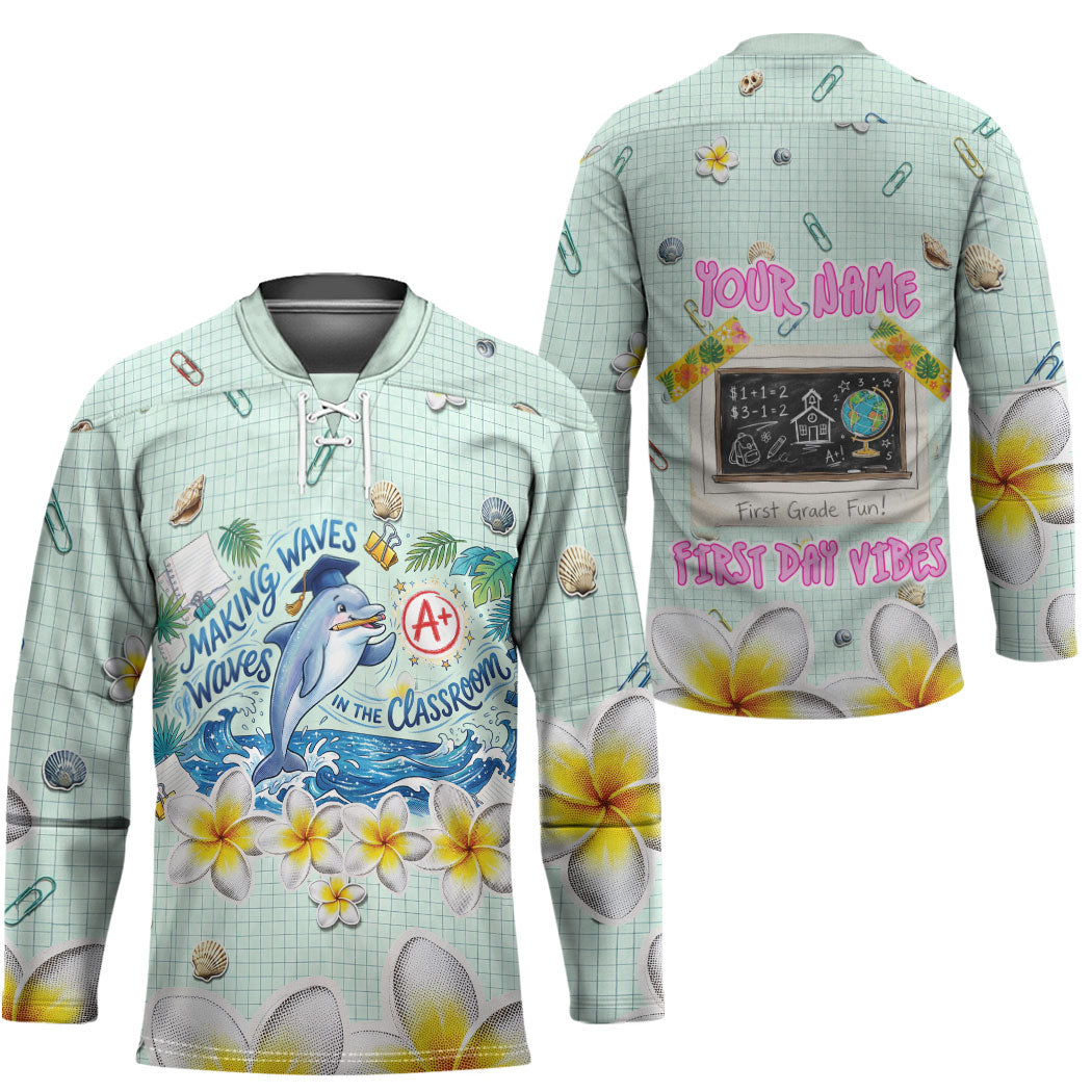 Personalized Hawaii Back To School Dolphin Hockey Jersey Grid Notebook Background With Dolphin Mascot And Plumeria Flowers TS04 - Polynesian Pride