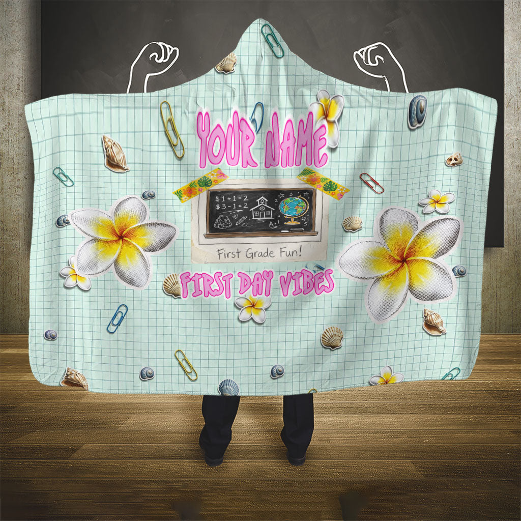 Personalized Hawaii Back To School Dolphin Hooded Blanket Grid Notebook Background With Dolphin Mascot And Plumeria Flowers TS04 - Polynesian Pride
