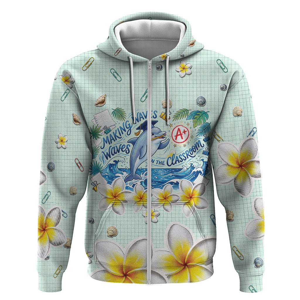 Personalized Hawaii Back To School Dolphin Hoodie Grid Notebook Background With Dolphin Mascot And Plumeria Flowers TS04 Zip Hoodie Green White - Polynesian Pride