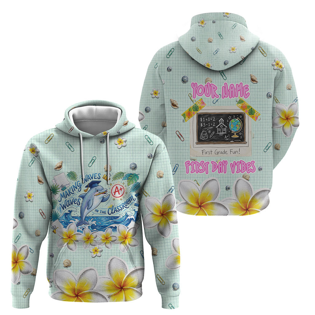 Personalized Hawaii Back To School Dolphin Hoodie Grid Notebook Background With Dolphin Mascot And Plumeria Flowers TS04 - Polynesian Pride