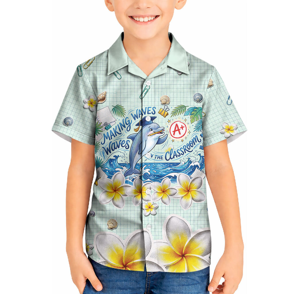 Personalized Hawaii Back To School Dolphin Kid Hawaiian Shirt Grid Notebook Background With Dolphin Mascot And Plumeria Flowers TS04 Kid Green White - Polynesian Pride