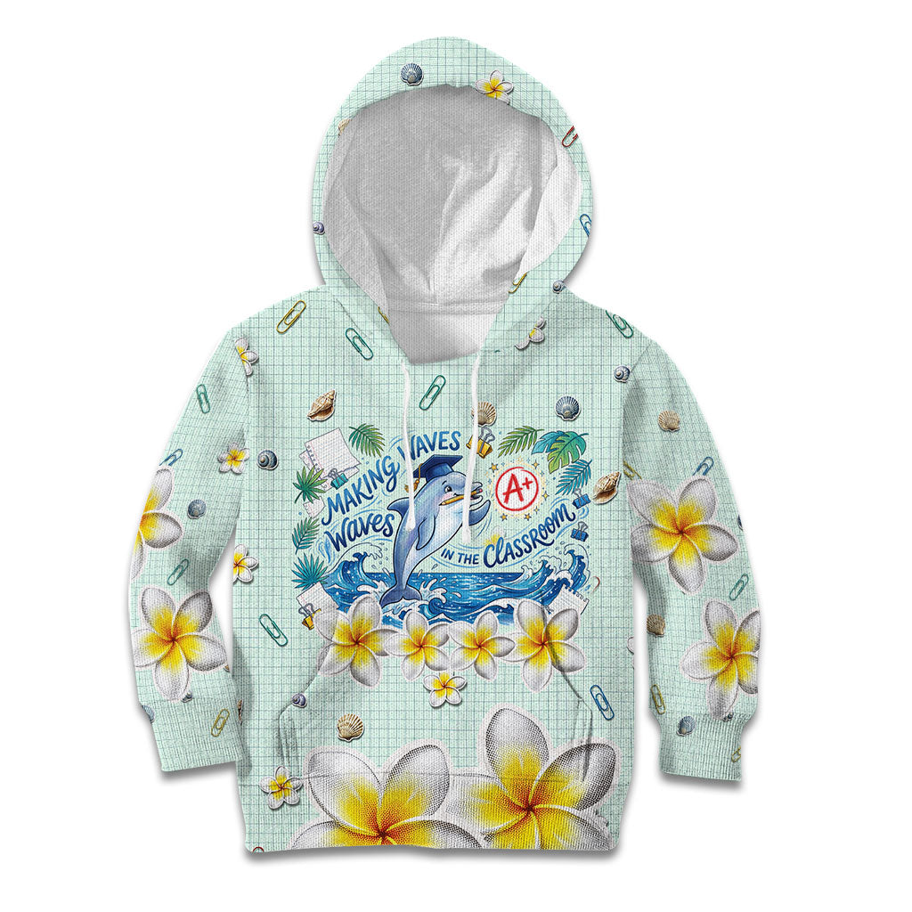 Personalized Hawaii Back To School Dolphin Kid Hoodie Grid Notebook Background With Dolphin Mascot And Plumeria Flowers TS04 Hoodie Green White - Polynesian Pride