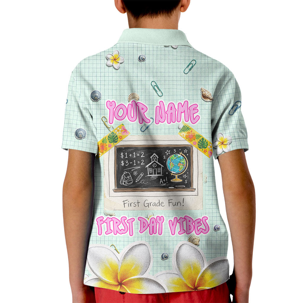 Personalized Hawaii Back To School Dolphin Kid Polo Shirt Grid Notebook Background With Dolphin Mascot And Plumeria Flowers TS04 - Polynesian Pride