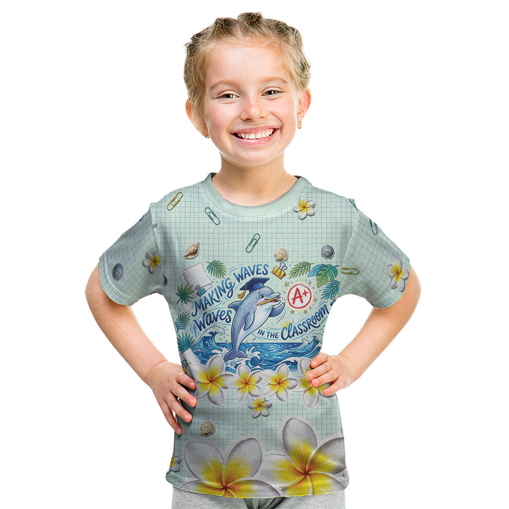 Personalized Hawaii Back To School Dolphin Kid T Shirt Grid Notebook Background With Dolphin Mascot And Plumeria Flowers TS04 Green White - Polynesian Pride